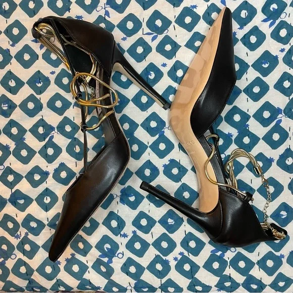 NIB Jimmy Choo Olesia 95 Leather Pump Black Gold Chain - Picture 6 of 10